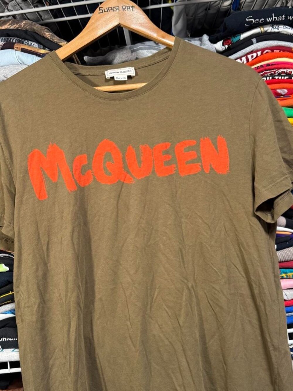 Alexander McQueen Olive Green T‑Shirt with Bright Red McQUEEN Logo